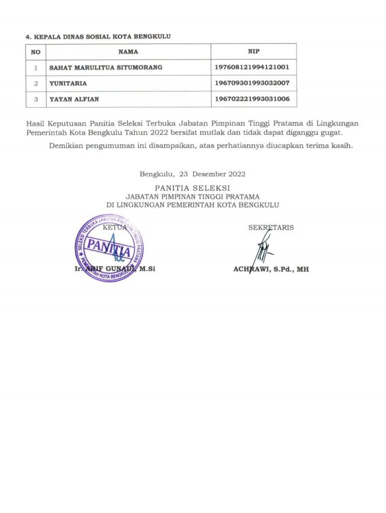 pimpinan tinggi pratama hasil penilaian akhir peserta seleksi terbuka di lingkup Pemkot Bengkulu.