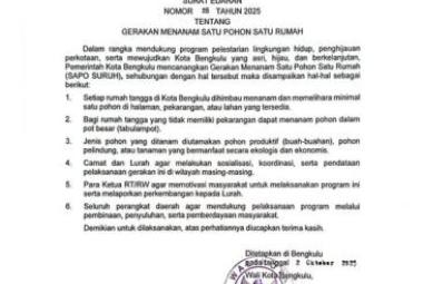 Walikota Bengkulu Terbitkan Edaran Gerakan “Satu Pohon Satu Rumah” untuk Wujudkan Kota Hijau dan Berkelanjutan